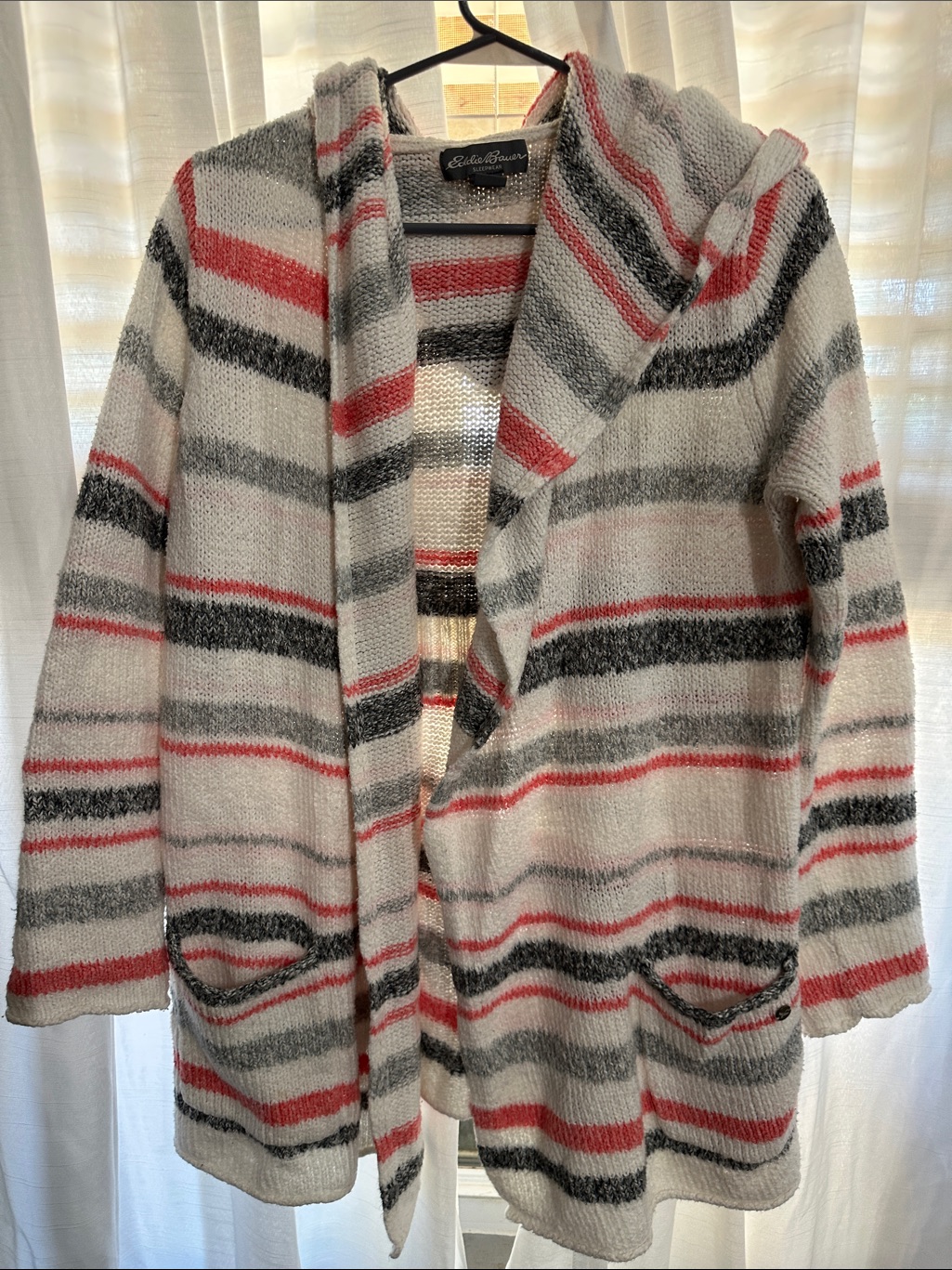Eddie Bauer Hooded Striped Cardigan White, Gray & Coral Pink